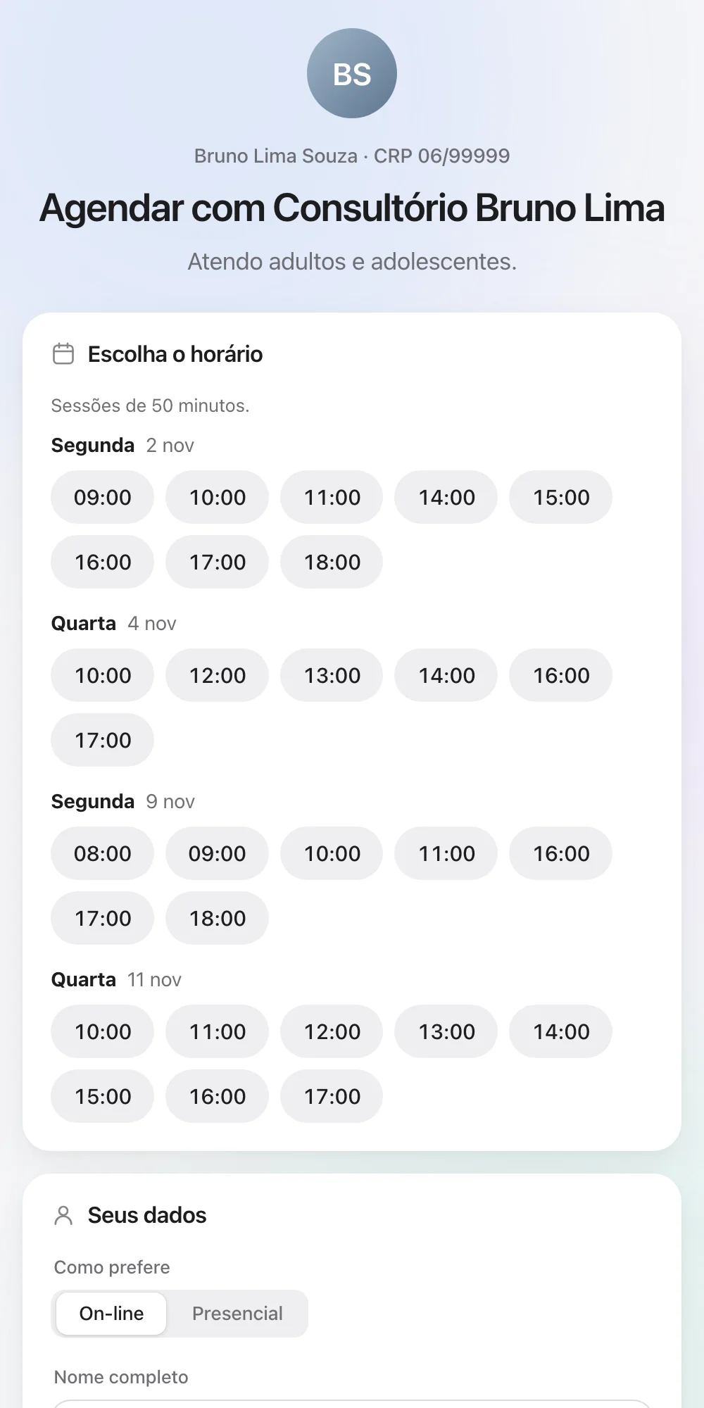 Página de agendamento online no celular, com horários disponíveis