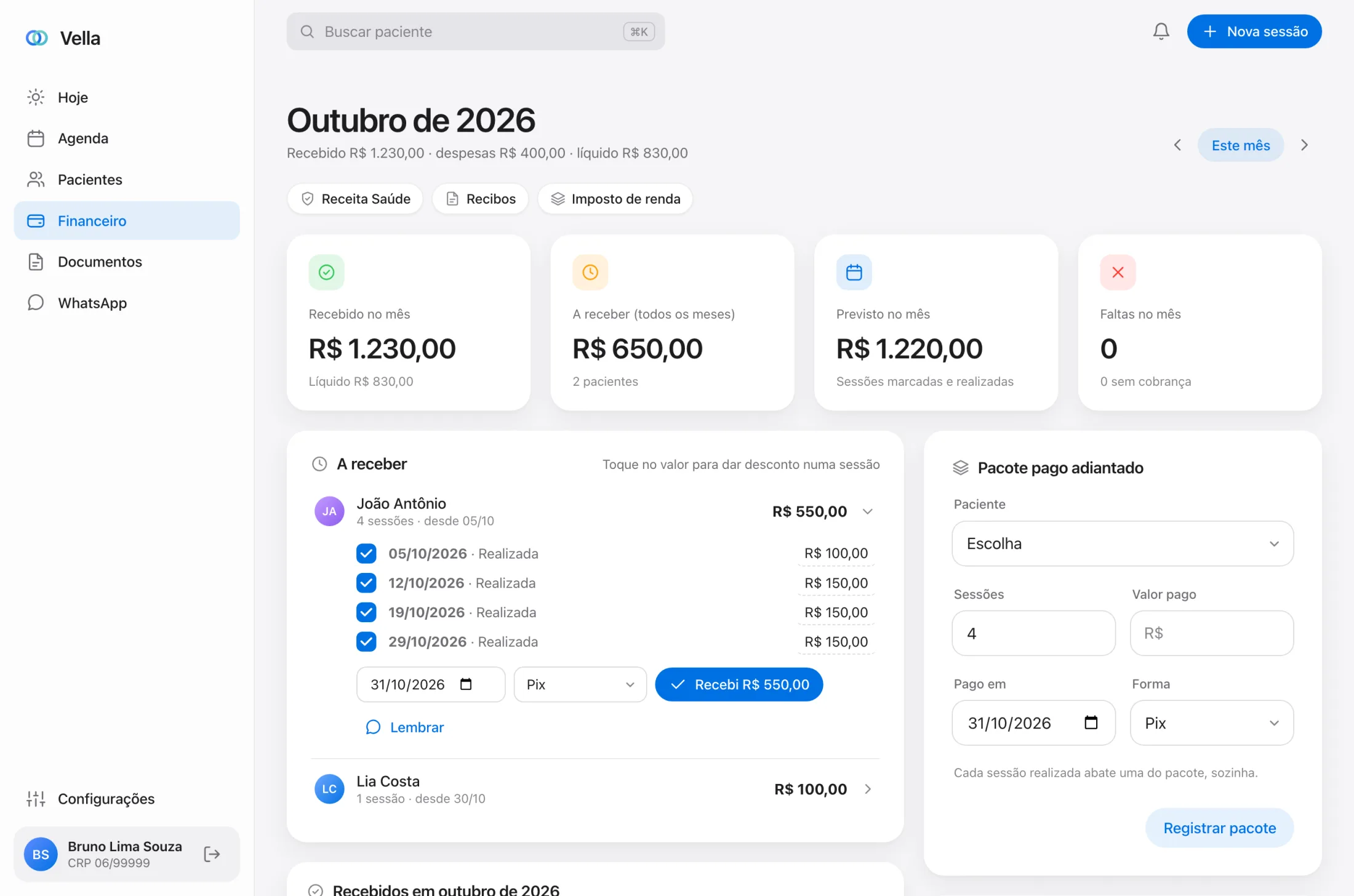 Financeiro do mês com recebido, a receber, previsto e faltas
