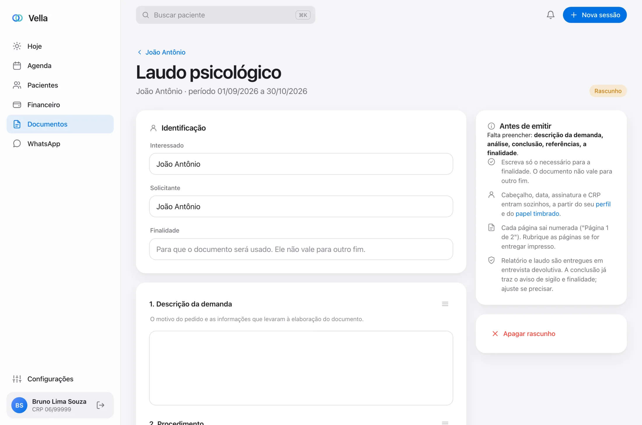 Editor de laudo psicológico com as seções da Resolução CFP 06/2019