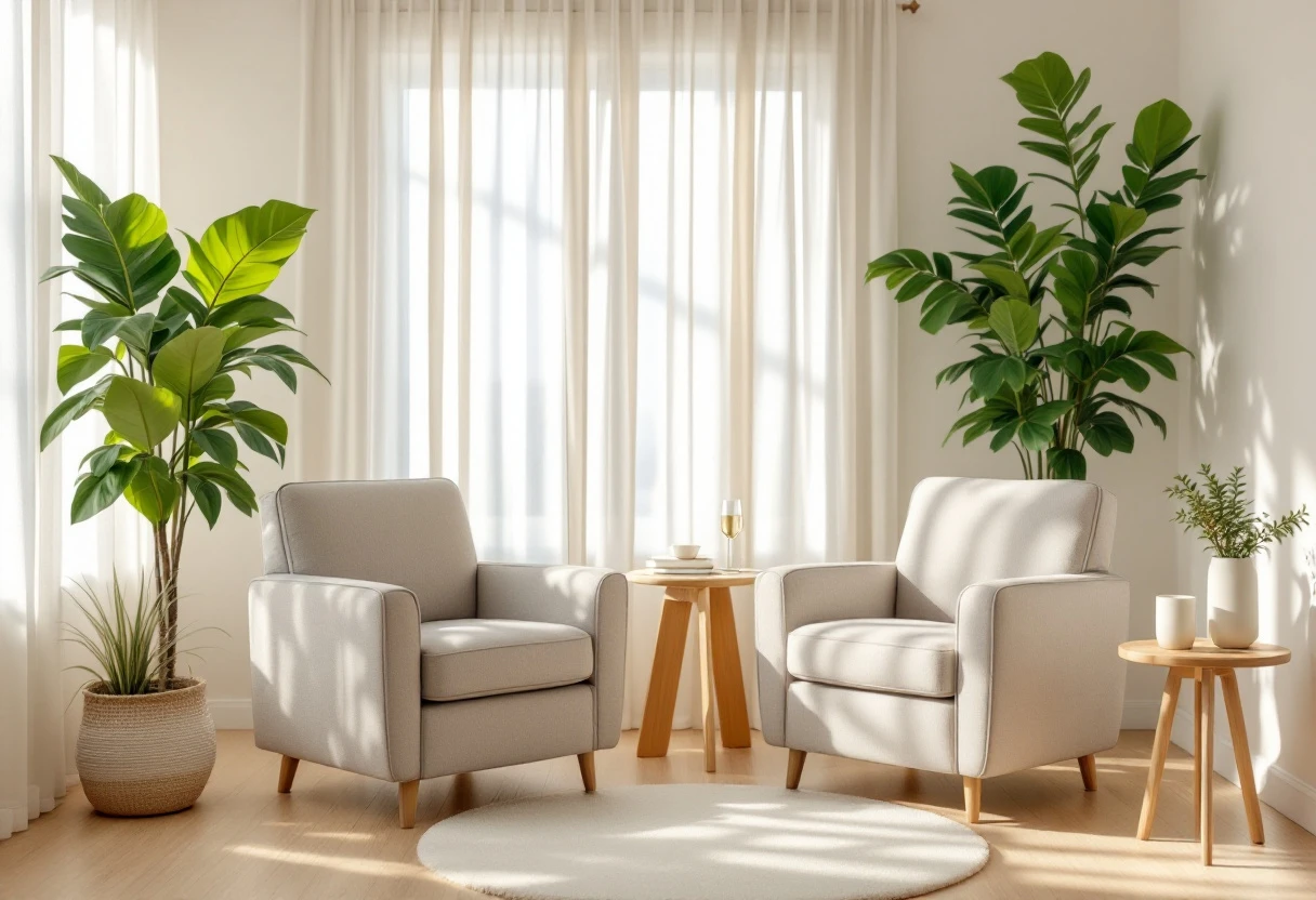 Consultório de psicologia iluminado, com duas poltronas frente a frente e plantas
